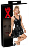 Schwarzes tailliertes Latex-Minikleid mit schmalen Trägern und Swing-Rock von Late X