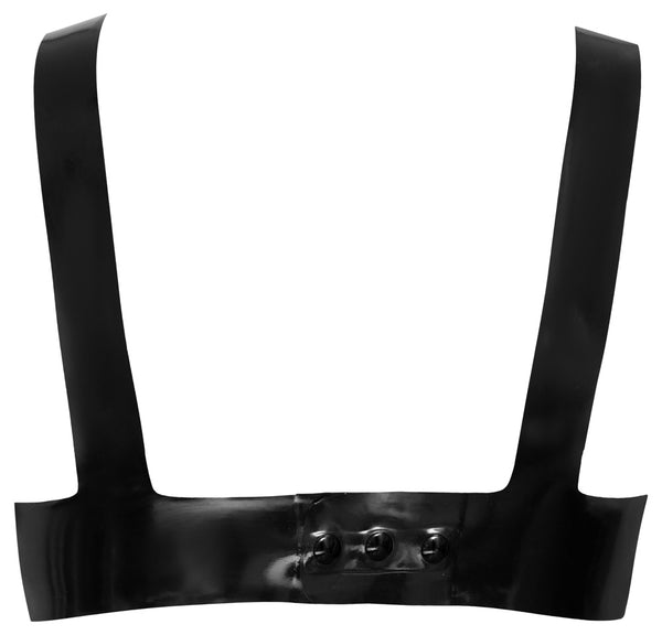 Schwarzes Latex-Bustier mit stylischem Dekolleté und Druckknopfverschluss von Late X – Ansicht 6