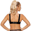 Schwarzes Latex-Bustier mit stylischem Dekolleté und Druckknopfverschluss von Late X – Ansicht 4