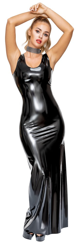 Schwarzes tailliertes Latex-Kleid in Maxi-Länge mit schmalen Trägern von Late X – Ansicht 3