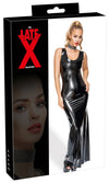 Schwarzes tailliertes Latex-Kleid in Maxi-Länge mit schmalen Trägern von Late X