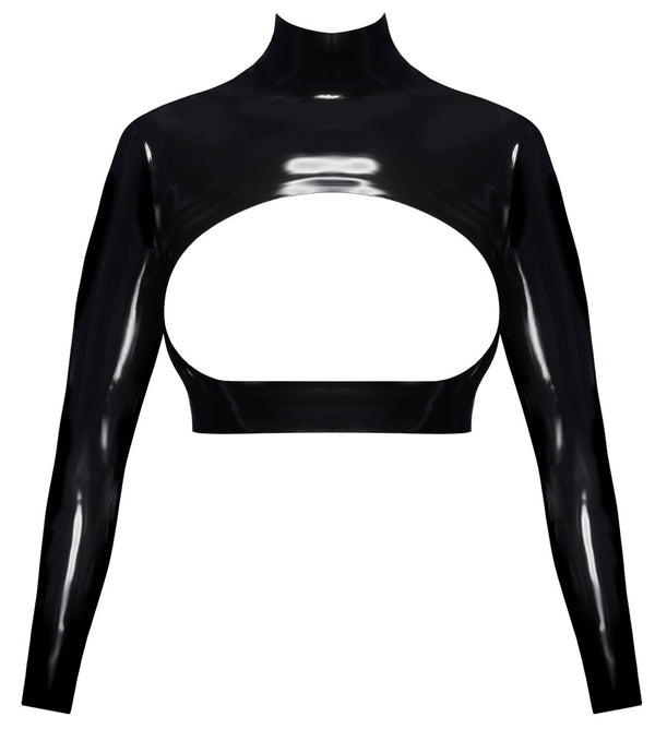 Schwarzes bauchfreies Latex-Shirt mit Cut-out, Stehkragen und langen Ärmeln von Late X – Ansicht 5