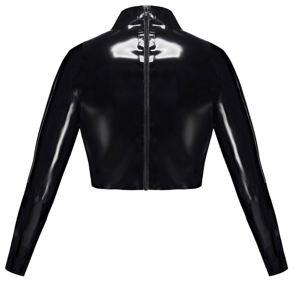 Schwarzes bauchfreies Latex-Shirt mit Cut-out, Stehkragen und langen Ärmeln von Late X – Ansicht 6