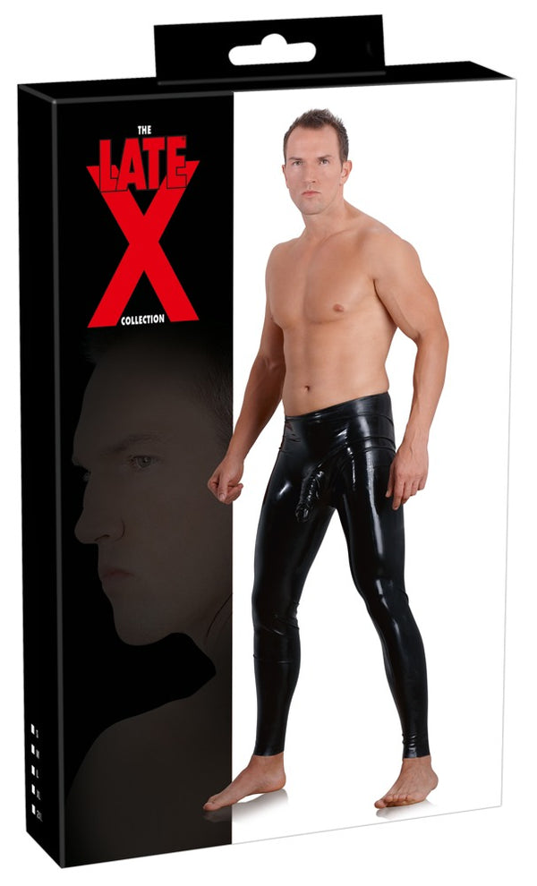 Schwarze hautenge Latex-Leggings mit Penis-Hoden-Hülle von Late X