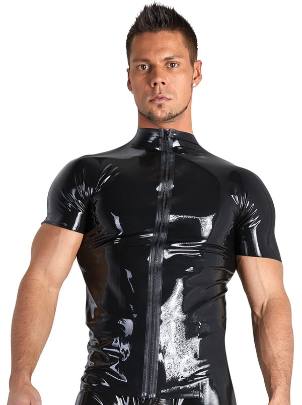 Schwarzes hautenges Latex-Shirt mit Stehkragen und Front-Reißverschluss von Late X – Ansicht 2