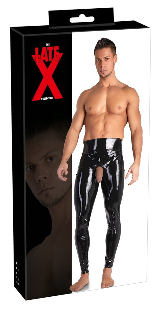 Schwarze hautenge Latex-Leggings mit Showmaster-Öffnung von Late X