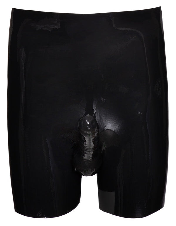 Schwarze enge Latex-Pants mit Penis-Hoden-Hülle und Analkondom von Late X – Ansicht 8