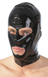Schwarze Latex-Kopfmaske mit Öffnungen für Mund und Augen von Late X – Ansicht 3