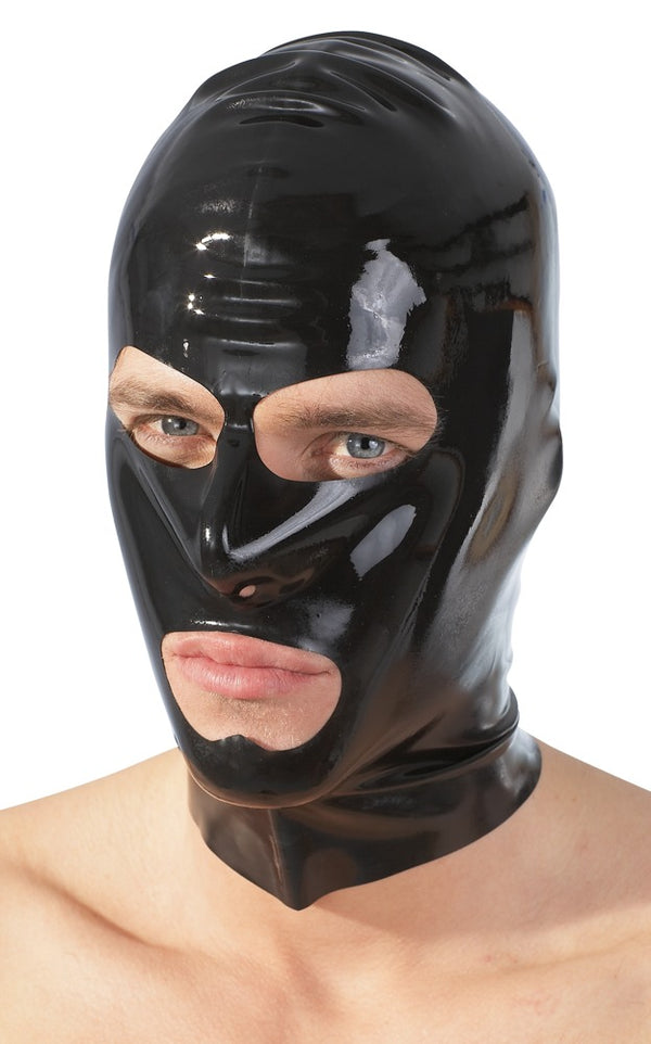 Schwarze Latex-Kopfmaske mit Öffnungen für Mund und Augen von Late X – Ansicht 3
