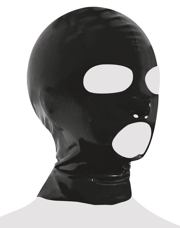 Schwarze Latex-Kopfmaske mit Öffnungen für Mund und Augen von Late X – Ansicht 4