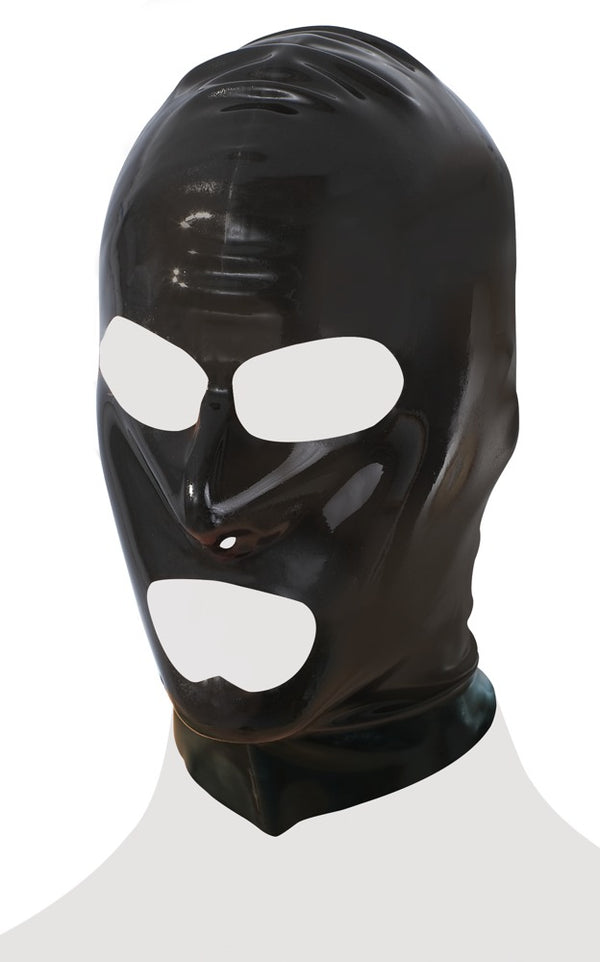 Schwarze Latex-Kopfmaske mit Öffnungen für Mund und Augen von Late X – Ansicht 5