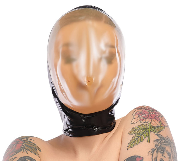 Schwarze Latex-Vakuum-Maske mit erweitertem Gesichtsfeld und Atemloch von Late X – Ansicht 2