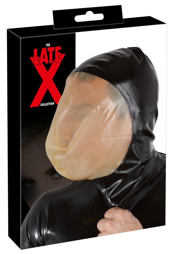 Schwarze Latex-Vakuum-Maske mit erweitertem Gesichtsfeld und Atemloch von Late X