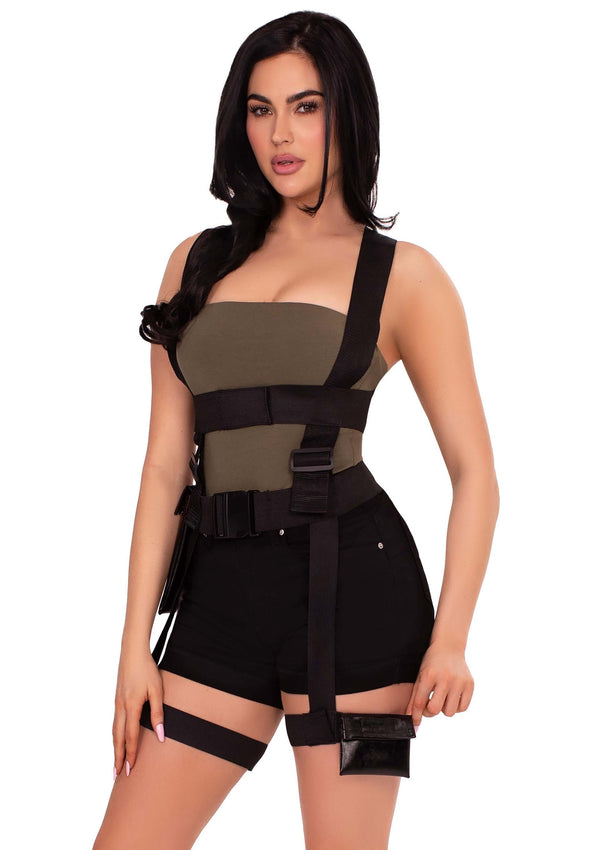Schwarzes verführerisches Utility Body Harness mit Strumpfhaltern und Taschen von Leg Avenue – Ansicht 5