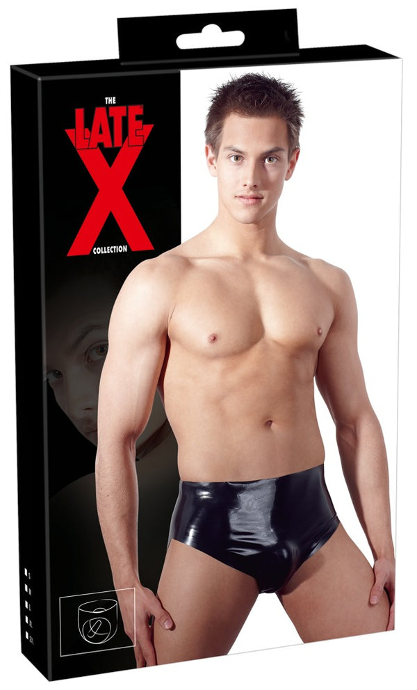 Schwarzer taillenhoher Latex-Slip mit aufpumpbarem Anal-Plug von Late X