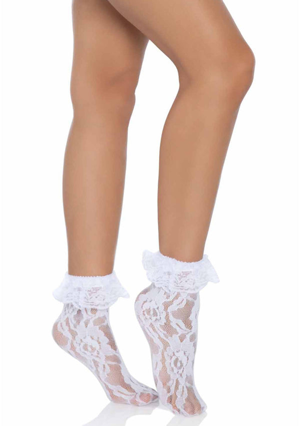 Weißer koketter Spitzensocken mit zarten verspielten Rüschenbündchen von Leg Avenue – Ansicht 6