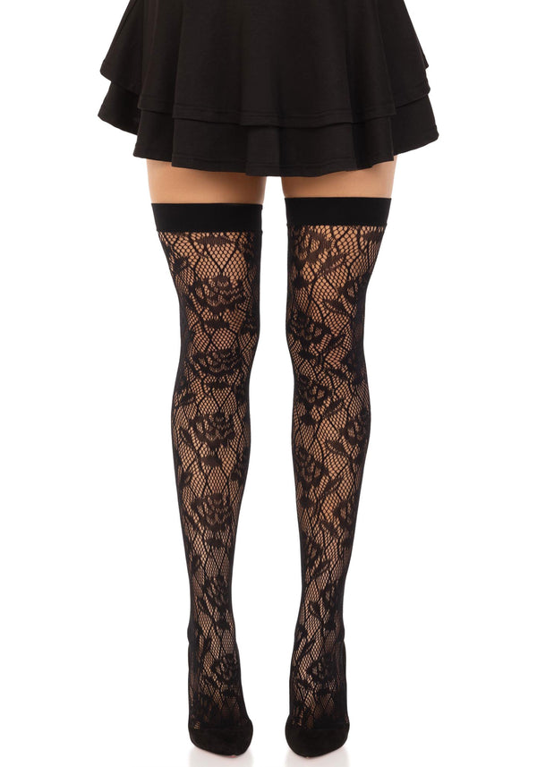 Netzstrümpfe mit Rosendesign - Halterlose Strümpfe mit floralem Muster | Leg Avenue