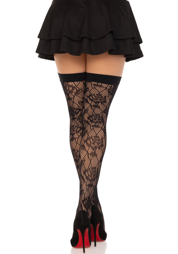 Netzstrümpfe mit Rosendesign - Halterlose Strümpfe mit floralem Muster | Leg Avenue