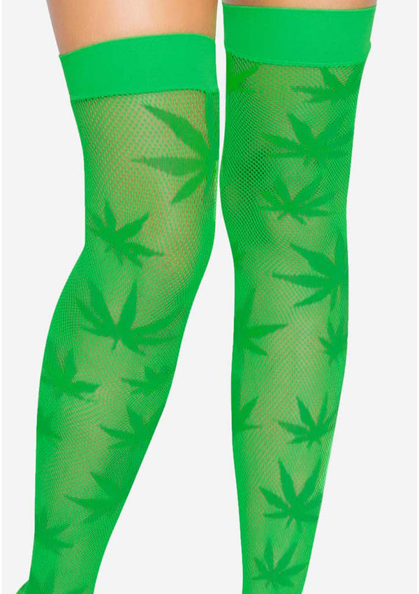 Grüne aufregende Netzstrümpfe mit gewebtem Blatt Motiv von Leg Avenue – Ansicht 2