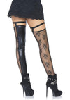 Schwarze elegante Wetlook Halterlose mit floralen Spitzenelementen von Leg Avenue – Ansicht 2