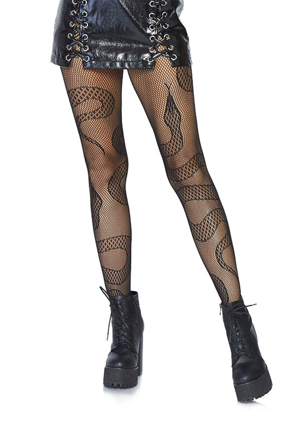 Schwarze extravagante Netzstrumpfhose mit verführerischen Spitzen Schlangen von Leg Avenue – Ansicht 2