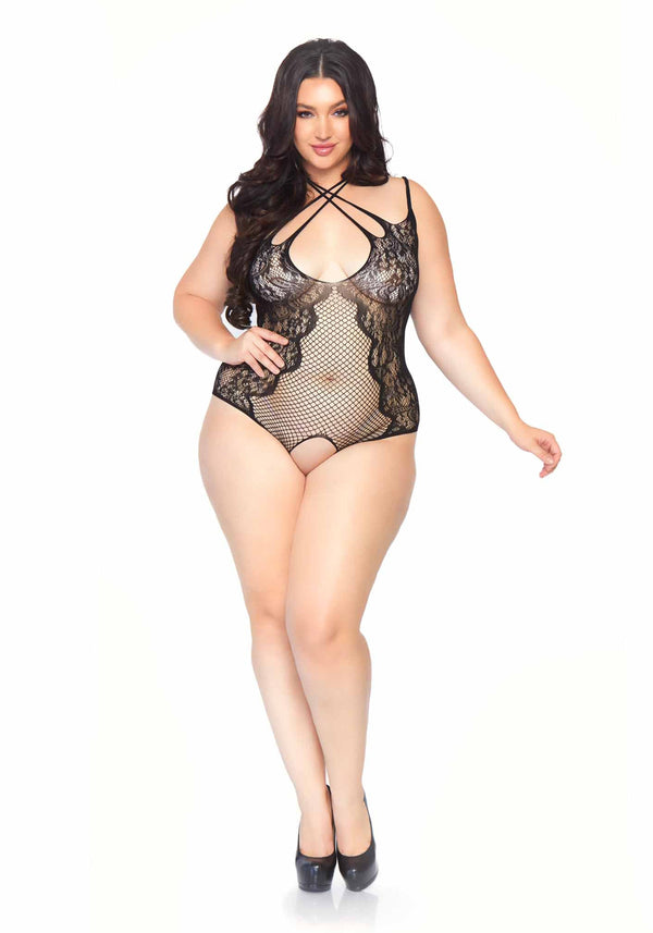 Verführerisches Netz-Teddy mit offener Rückseite in Spitzen-Optik Queen Size | Leg Avenue