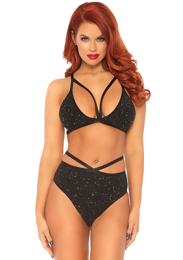 Schwarz goldenes funkelndes Lurex Dessous Set mit aufregenden Käfig Trägern von Leg Avenue