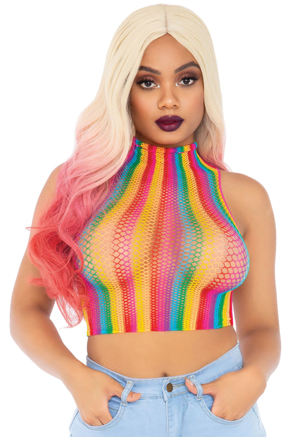Regenbogen Netz Crop Top mit hohem Kragen und transparentem Design | Leg Avenue