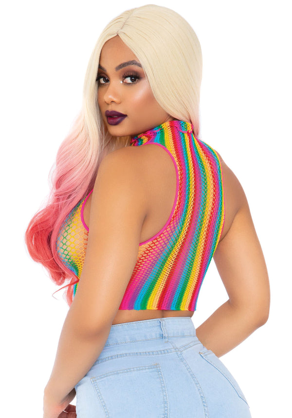 Regenbogen Netz Crop Top mit hohem Kragen und transparentem Design | Leg Avenue