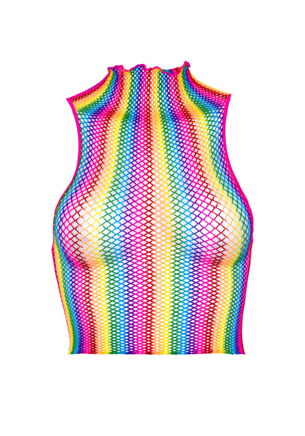 Regenbogen Netz Crop Top mit hohem Kragen und transparentem Design | Leg Avenue