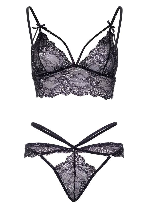 Schwarzes atemberaubendes Riemchen Lingerie Set mit funkelndem Strassbesatz von Leg Avenue – Ansicht 6