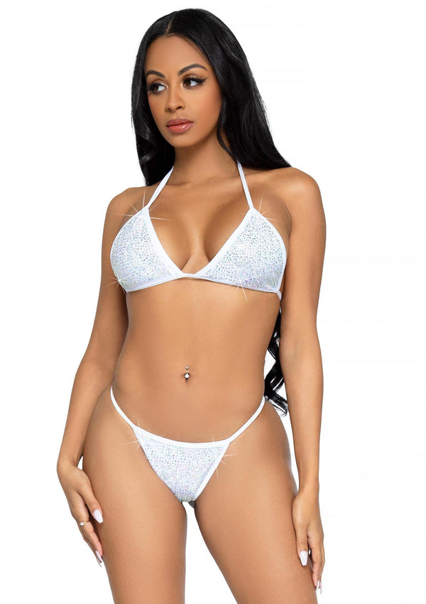 Weißes funkelndes Triangel Bikini Set mit verführerischen Strasssteinen von Leg Avenue – Ansicht 5