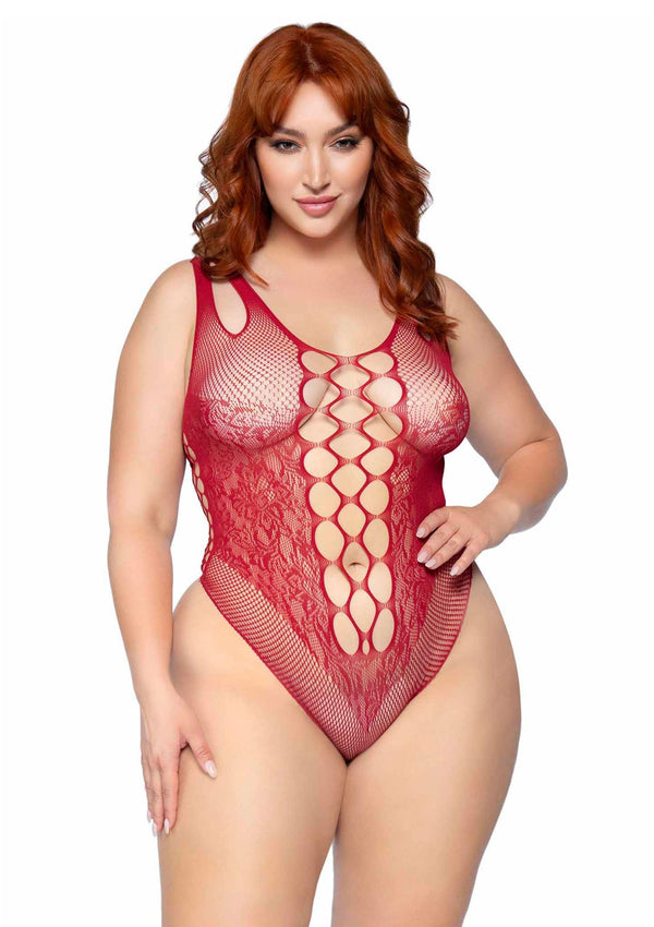 Bordeauxroter aufreizender Spitzen Bodysuit mit tiefen Einblicken von Leg Avenue