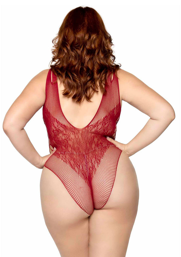 Bordeauxroter aufreizender Spitzen Bodysuit mit tiefen Einblicken von Leg Avenue – Ansicht 2