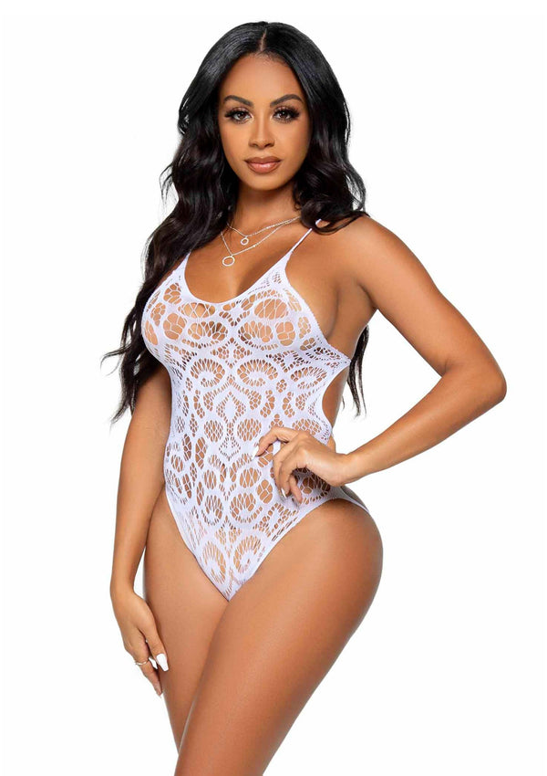Weißer hauchzarter nahtloser Spitzenbodysuit mit tiefem Riemenrücken von Leg Avenue