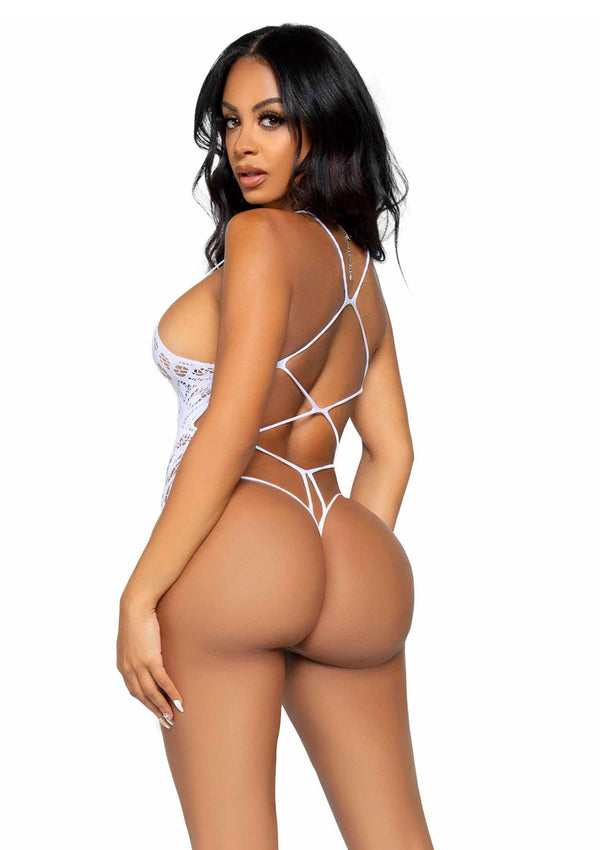 Weißer hauchzarter nahtloser Spitzenbodysuit mit tiefem Riemenrücken von Leg Avenue – Ansicht 3