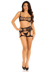 Schwarzes atemberaubendes Dessous Set mit gewagtem Netz Crop Top und Harness von Leg Avenue – Ansicht 5
