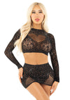 Schwarzes funkelndes zweiteiliges Lingerie Set mit Herzschlitz von Leg Avenue