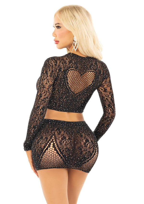 Schwarzes funkelndes zweiteiliges Lingerie Set mit Herzschlitz von Leg Avenue – Ansicht 2