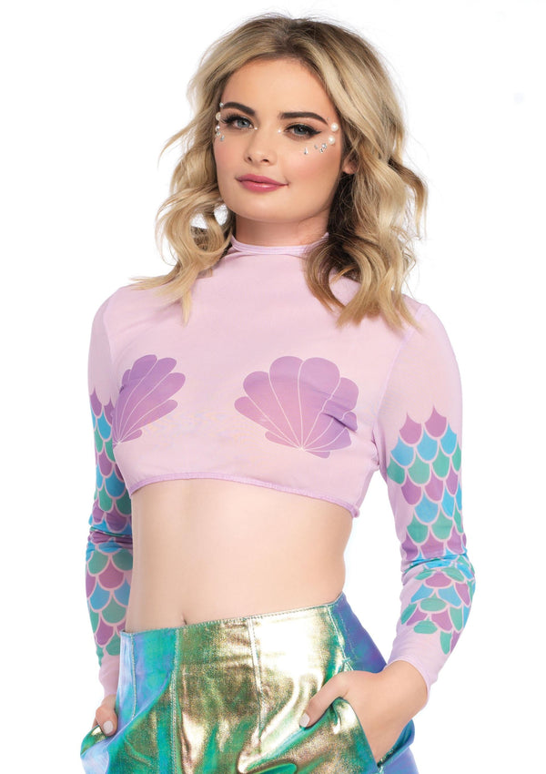Lilafarbenes transparentes Mermaid Crop Top mit funkelnden Muscheln von Leg Avenue – Ansicht 2