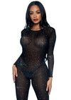 Schwarzer funkelnder Bodystocking mit eleganten langärmligen Details von Leg Avenue