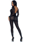 Schwarzer funkelnder Bodystocking mit eleganten langärmligen Details von Leg Avenue – Ansicht 4