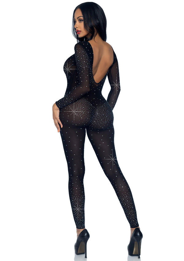 Schwarzer funkelnder Bodystocking mit eleganten langärmligen Details von Leg Avenue – Ansicht 4