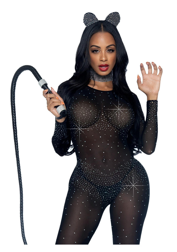 Schwarzer funkelnder Bodystocking mit eleganten langärmligen Details von Leg Avenue – Ansicht 2