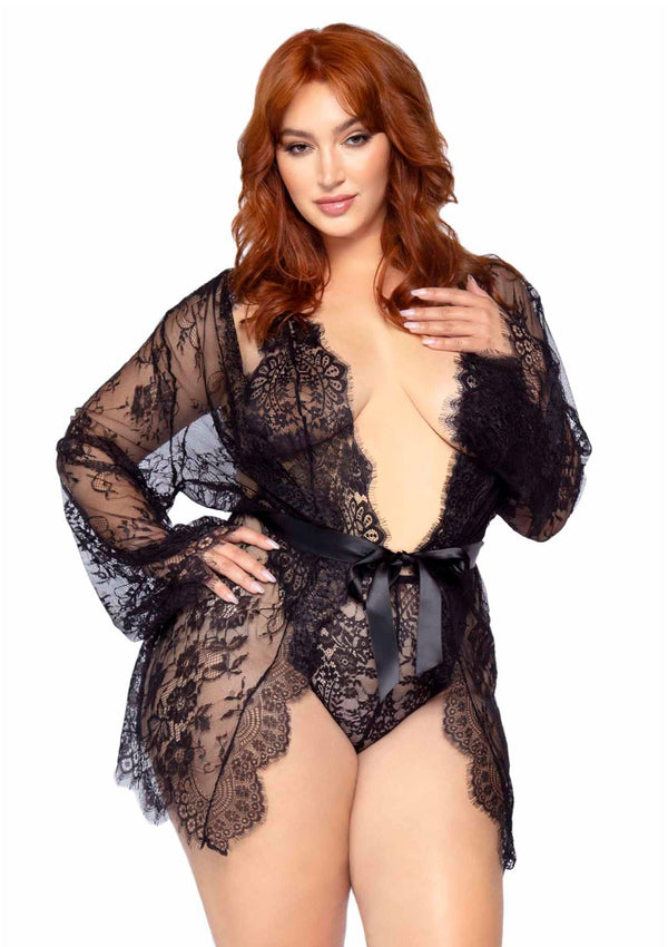 Schwarzes elegantes Spitzen Kimono Set mit femininem Teddy von Leg Avenue