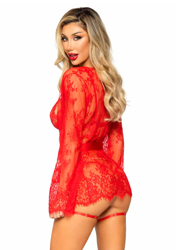 Roter verführerischer Kimono mit elegantem passendem Teddy von Leg Avenue – Ansicht 3