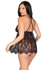 Schwarzes atemberaubendes Spitzen Babydoll mit tiefem V Ausschnitt von Leg Avenue – Ansicht 2