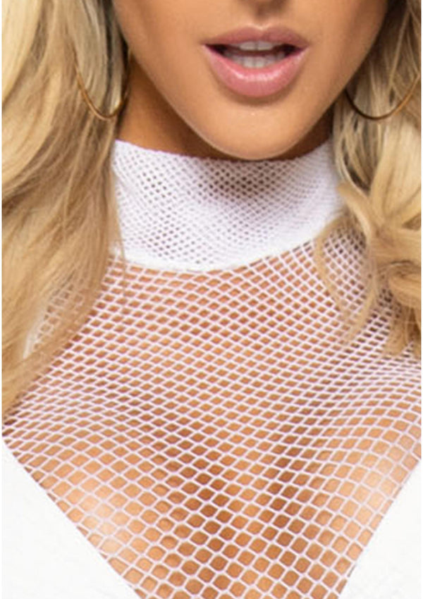 Weißes aufregendes Basic Netzkleid mit elegantem hohem Halsausschnitt von Leg Avenue – Ansicht 2