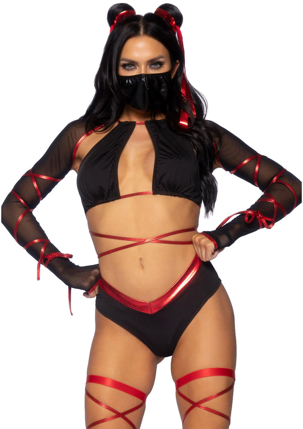 Schwarz rotes gewagtes Ninja Kostümset mit fesselnden Wickeldetails und Maske von Leg Avenue