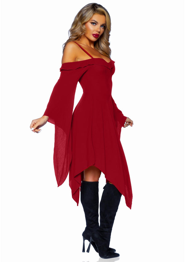 Bordeauxrotes mysteriöses Boho Kleid mit eleganten kalten Schultern von Leg Avenue